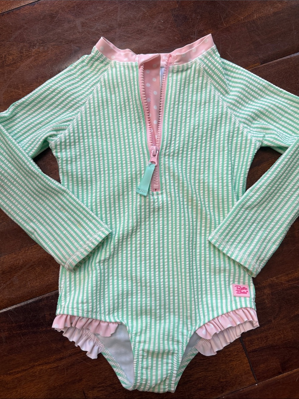 Ruffle Butts Mint & Pink Striped Long-Sleeve One-Piece Swimsuit
